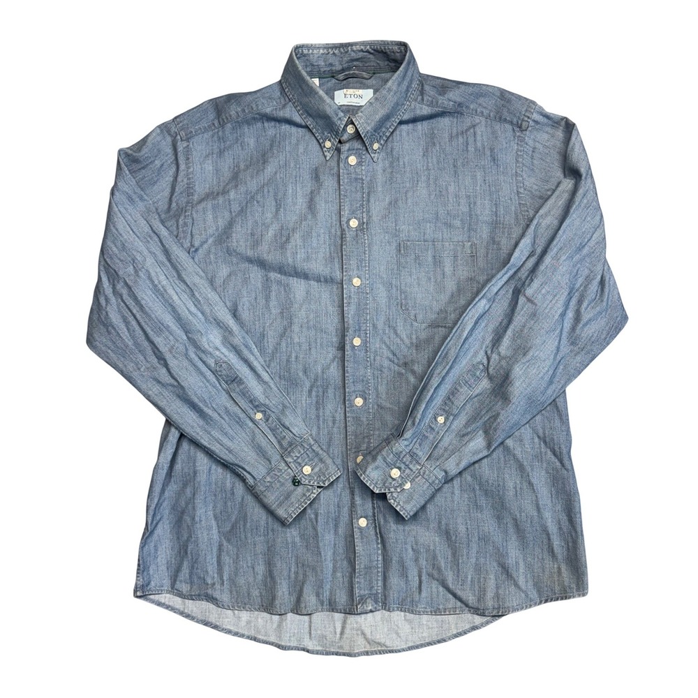 Eton Contemporary Blue Denim Button Down Shirt Mens XL 44 Long Sleeve